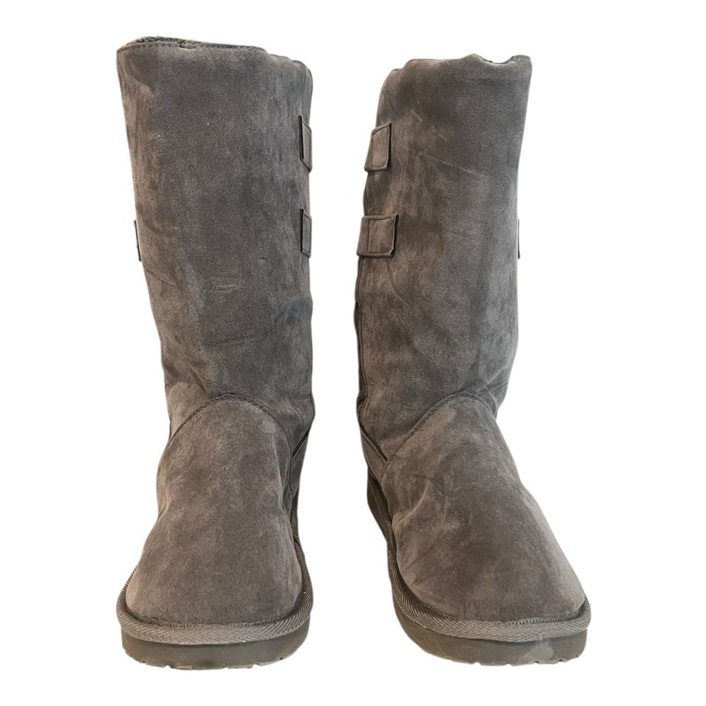 MUK LUKS Jean Boots Dual Buckle Gray Faux Suede Cable Knit Panel Pull-On Size 8